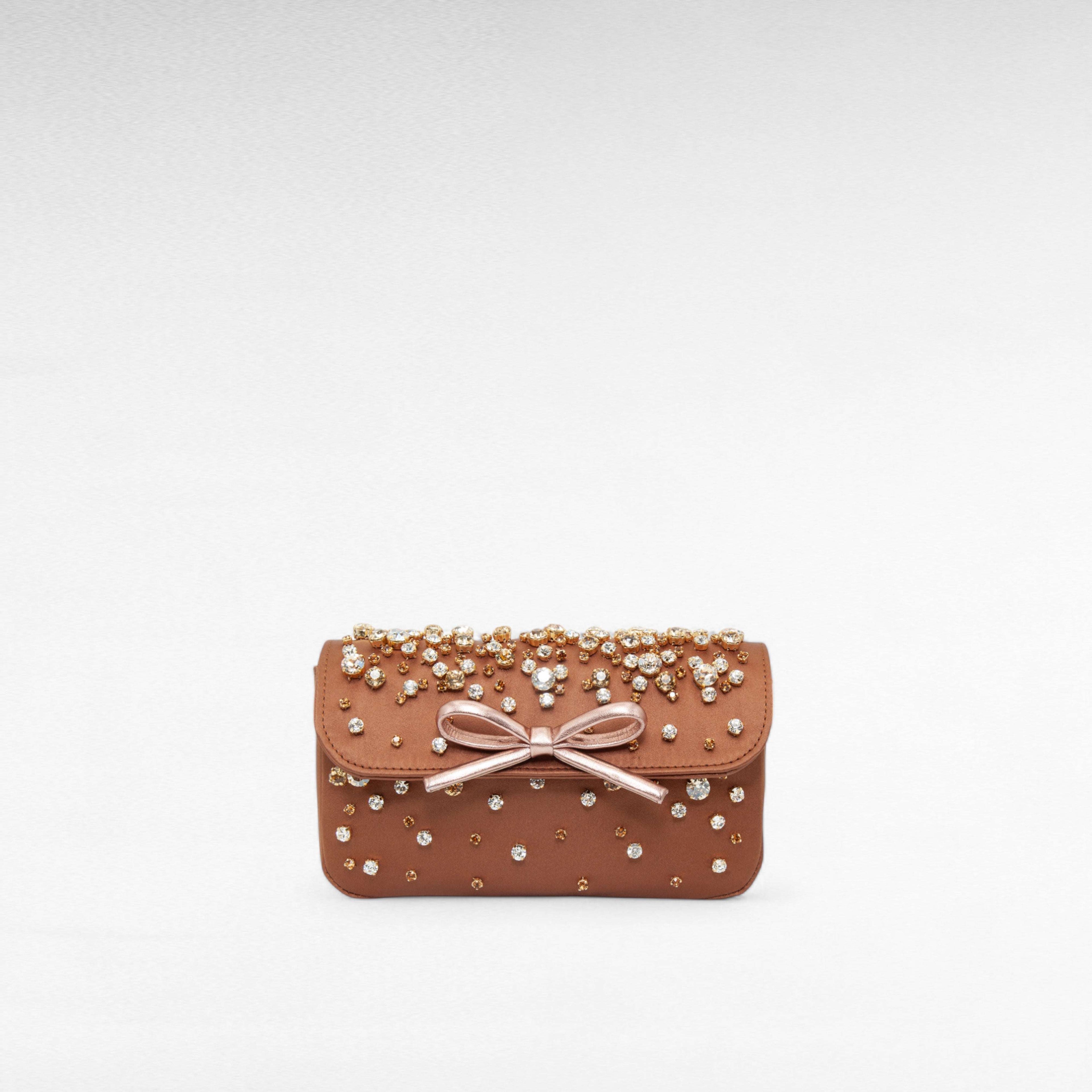 Crystal embroidered brown evening bag with bow