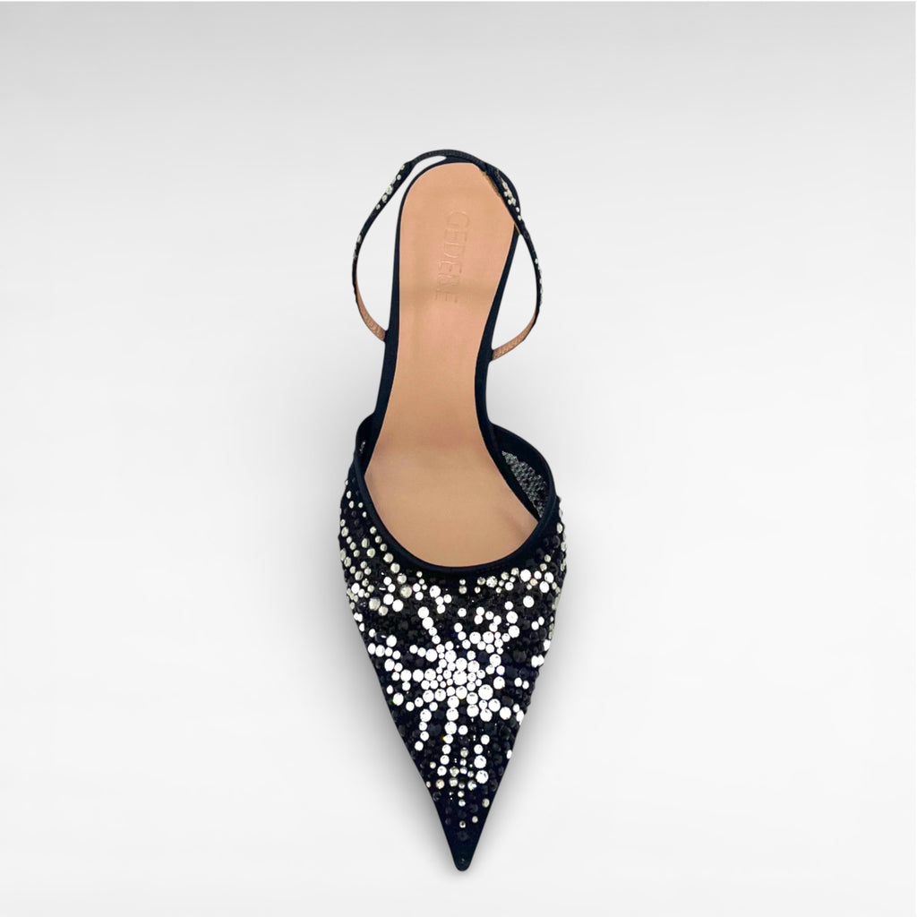 black crystal slingback evening shoe low heel