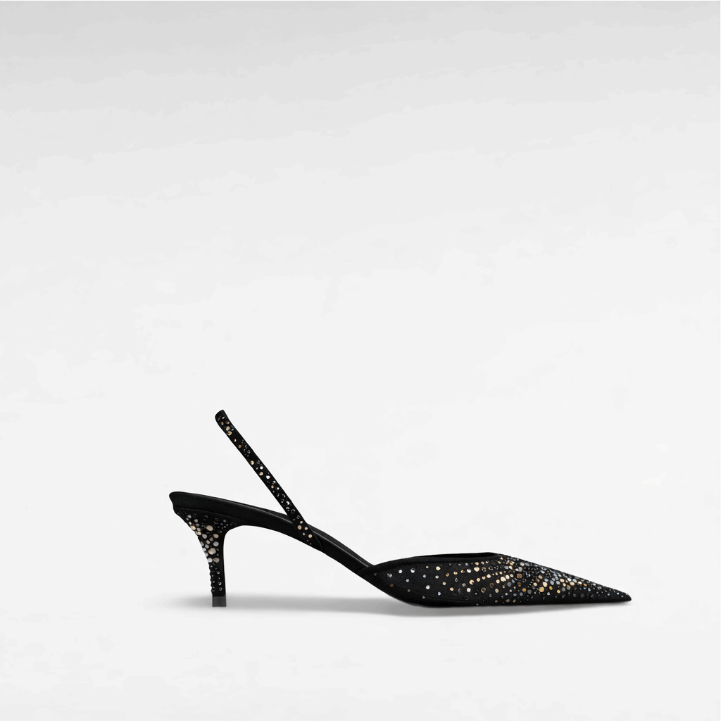 Black crystal evening shoe, low heels