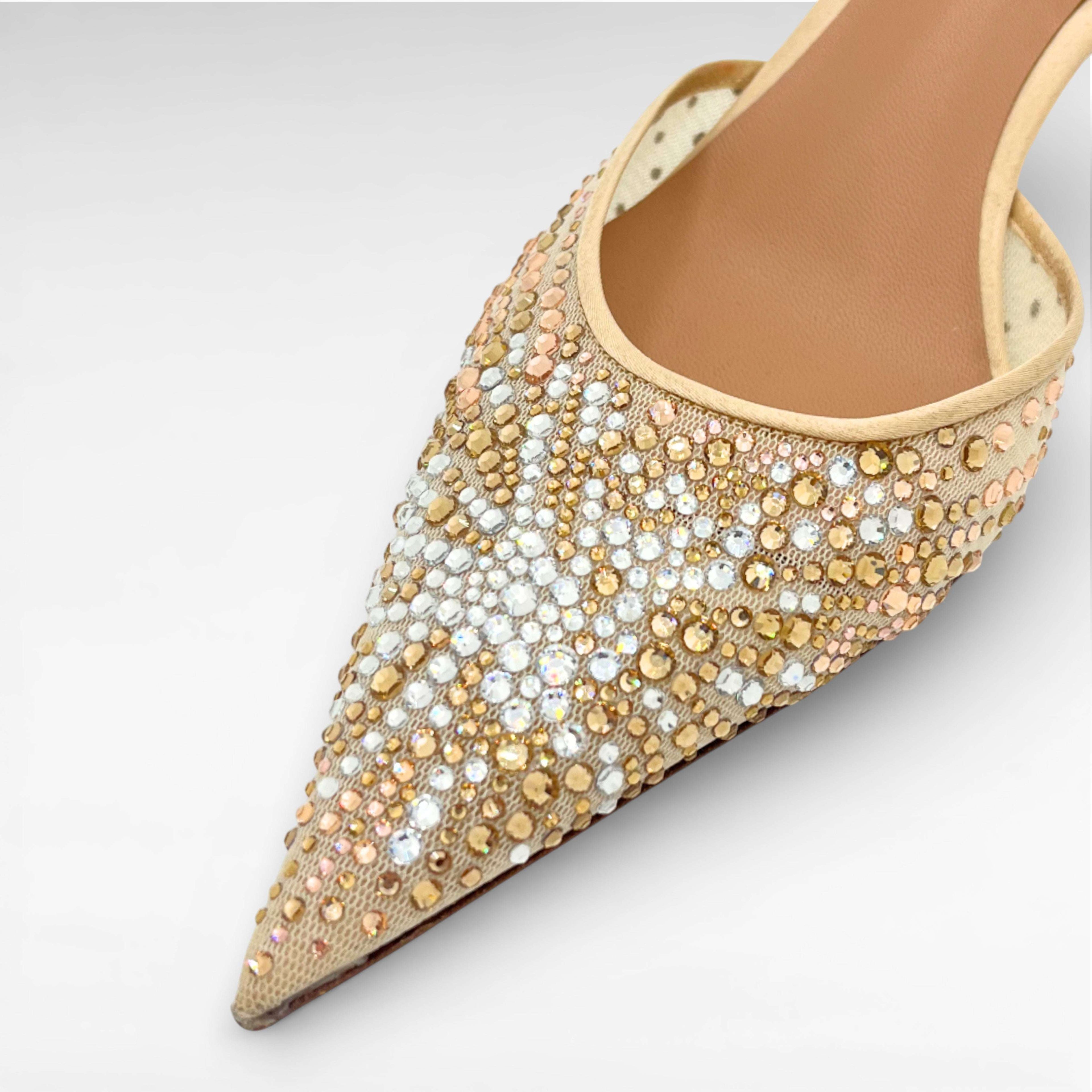 Beige nude crystal evening shoe, pointed toe