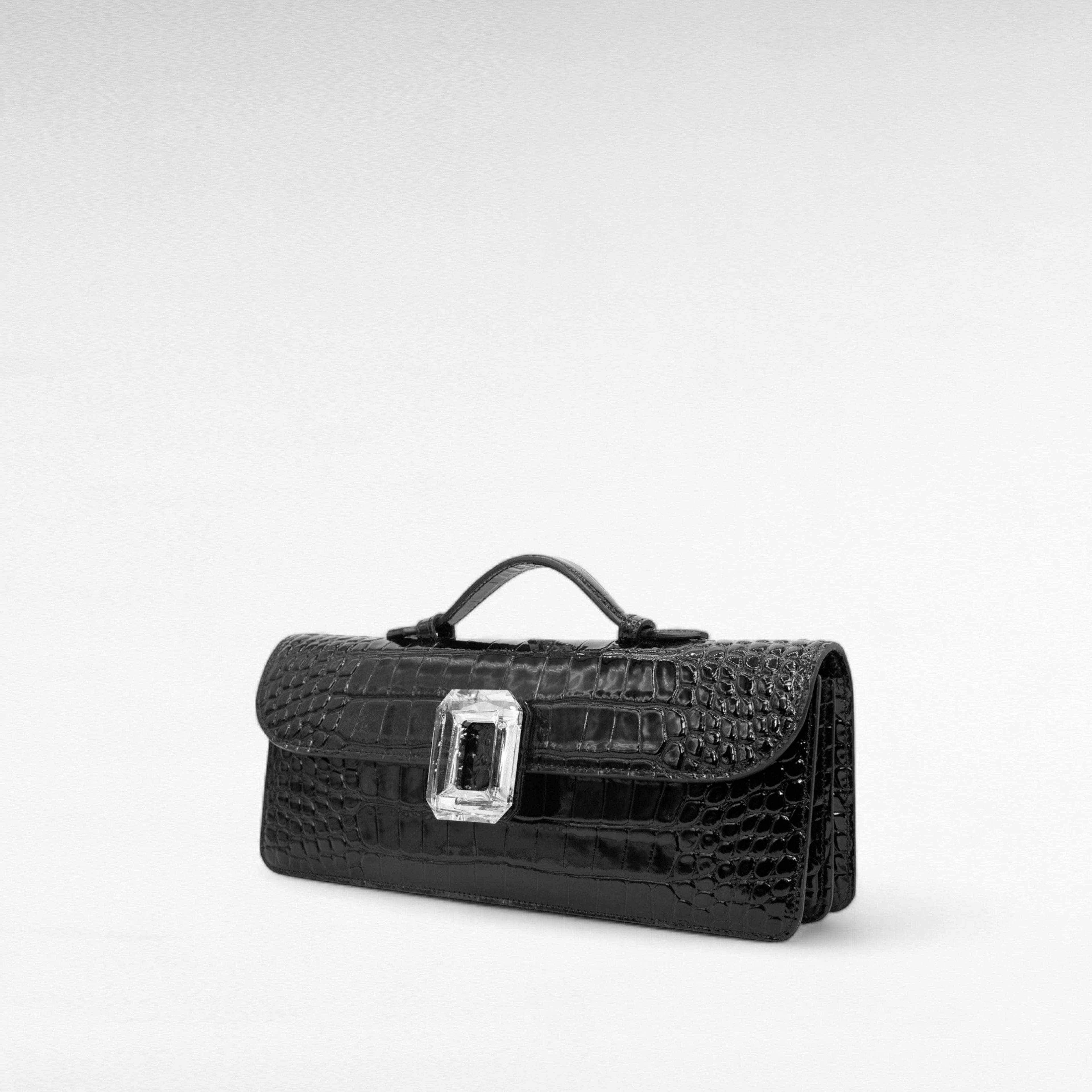 Long black clutch handbag printed crocodile leather