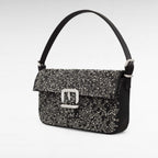 Black satin evening handbag with crystals
