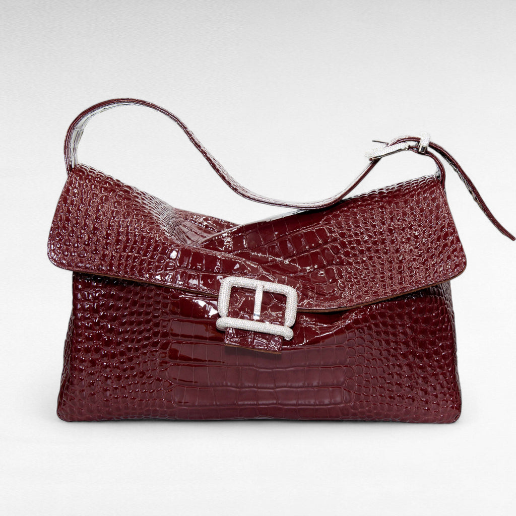 Oversize brown crocodile print leather shoulder bag maxi-bag