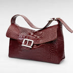 Oversize brown crocodile print leather shoulder bag
