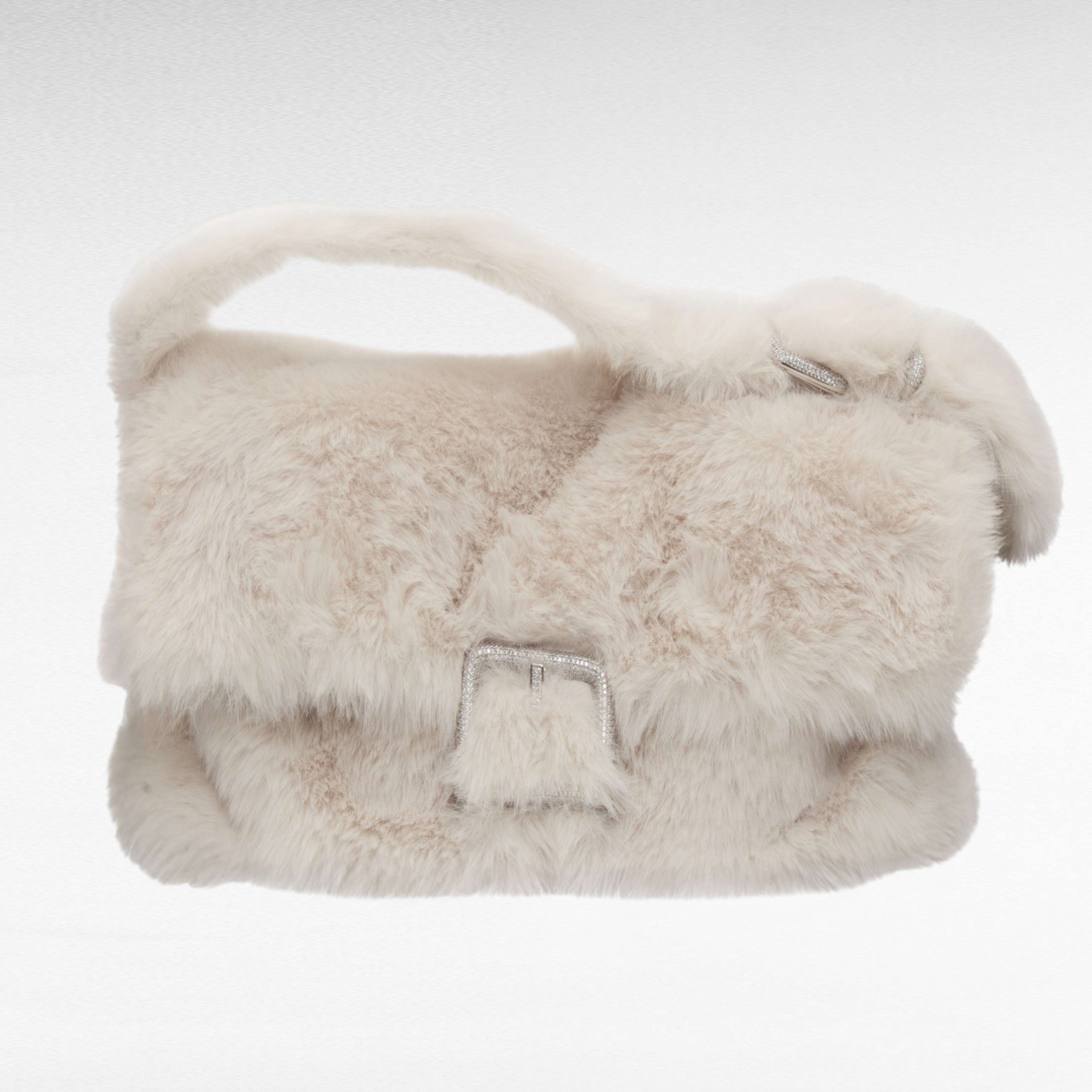 White oversize faux-fur shoulder bag maxi bag with crystal buckle