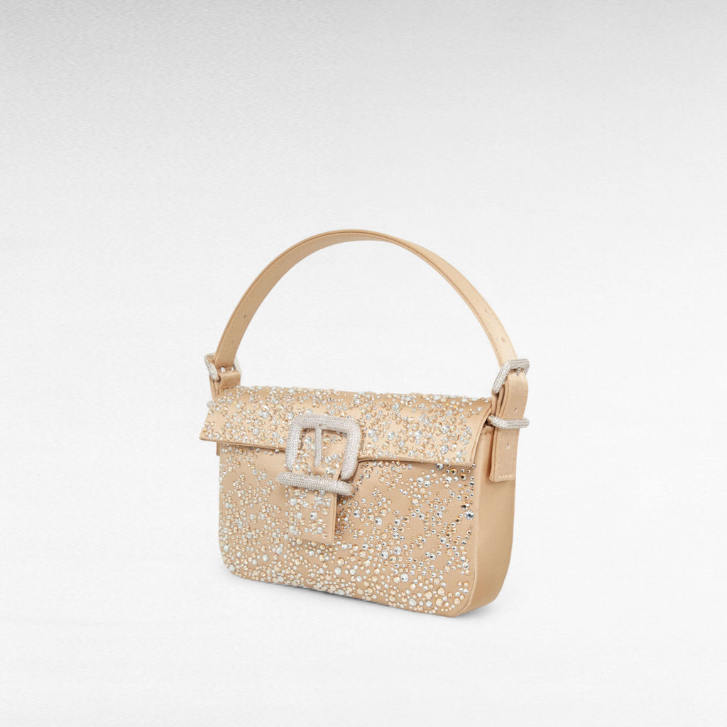 Small beige nude handbag with crystals