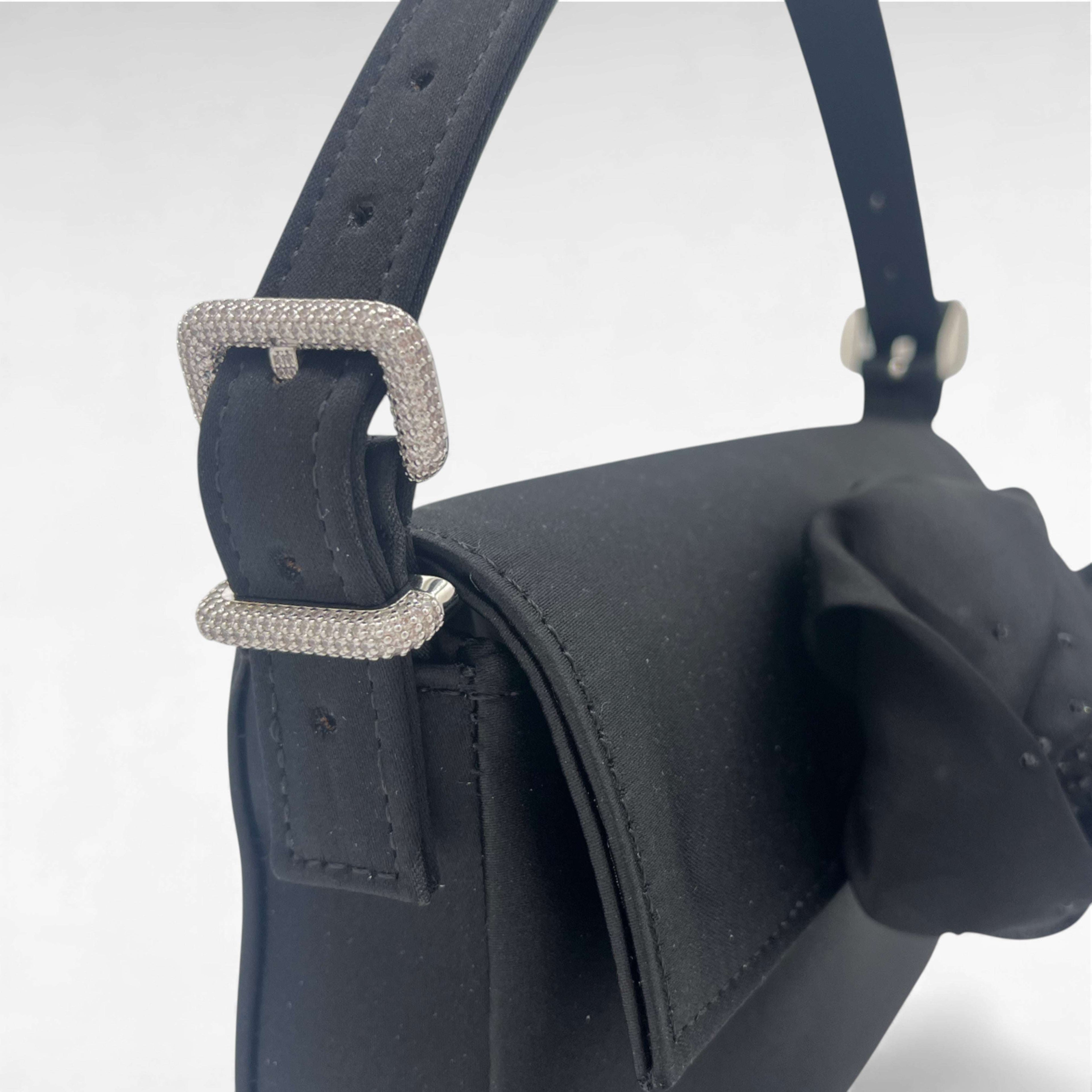 Small black satin handbag with organza crystal flower