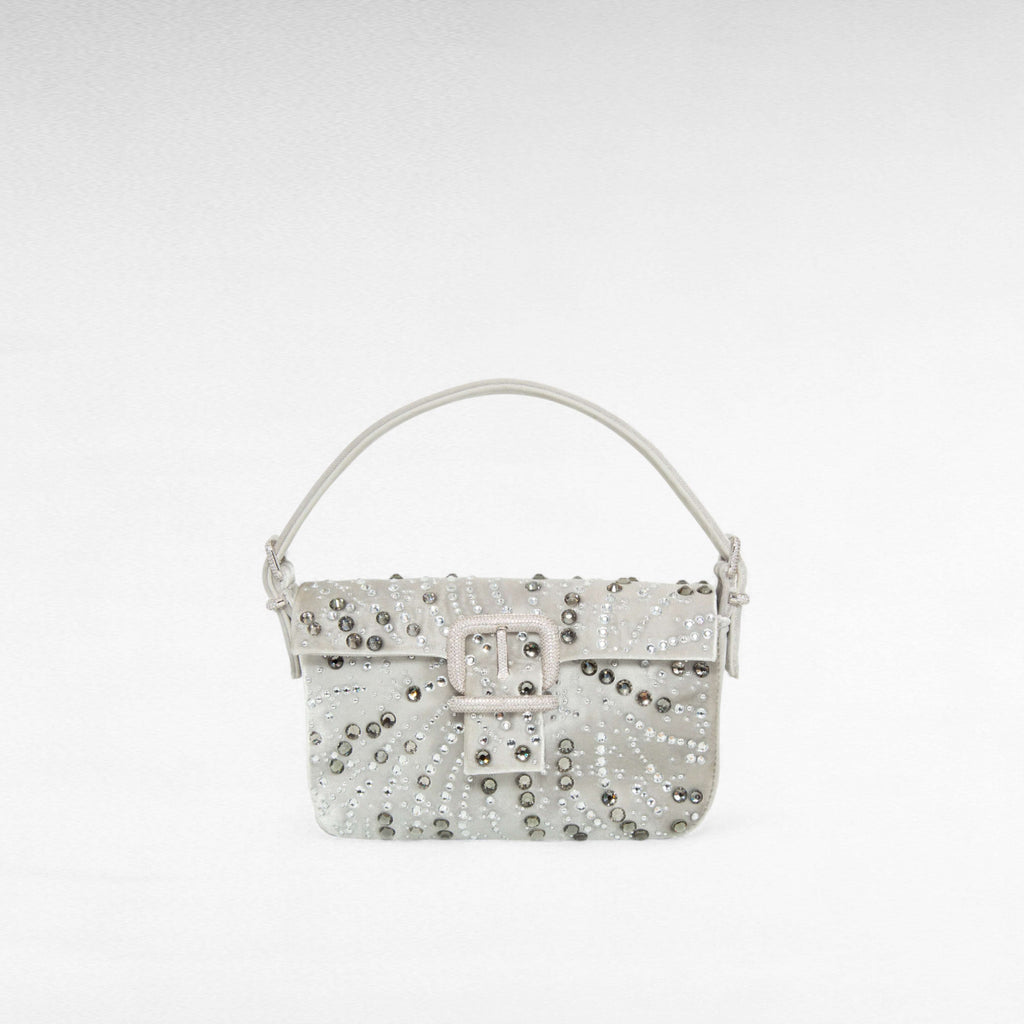 Silver velvet mini handbag with arabesque crystal design