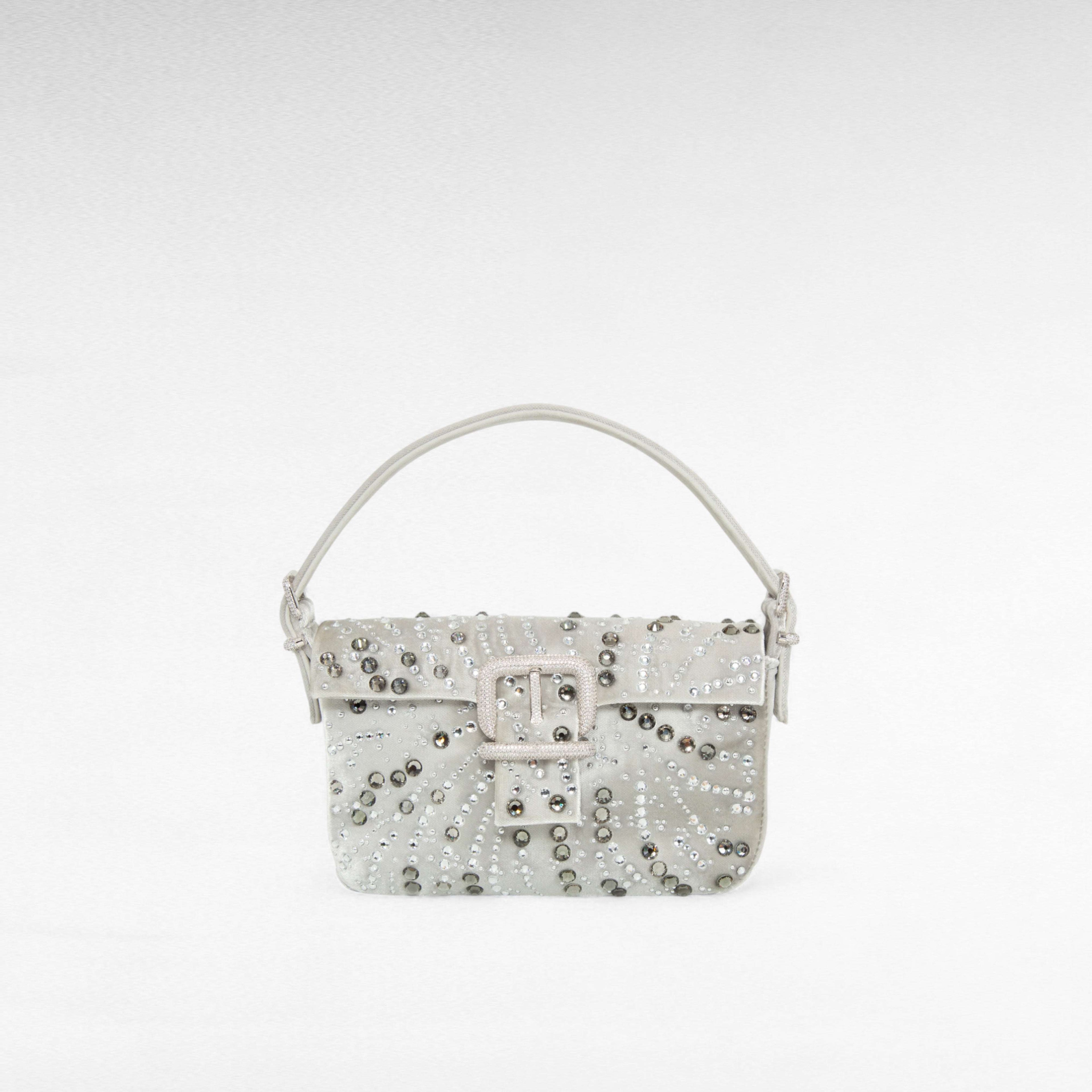 Silver velvet mini handbag with arabesque crystal design