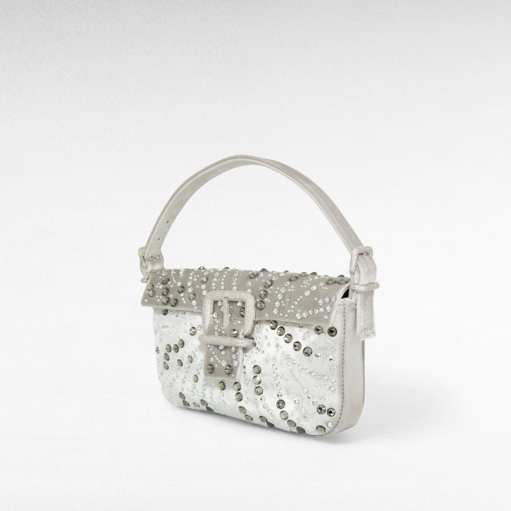 Silver velvet mini handbag with arabesque crystal design