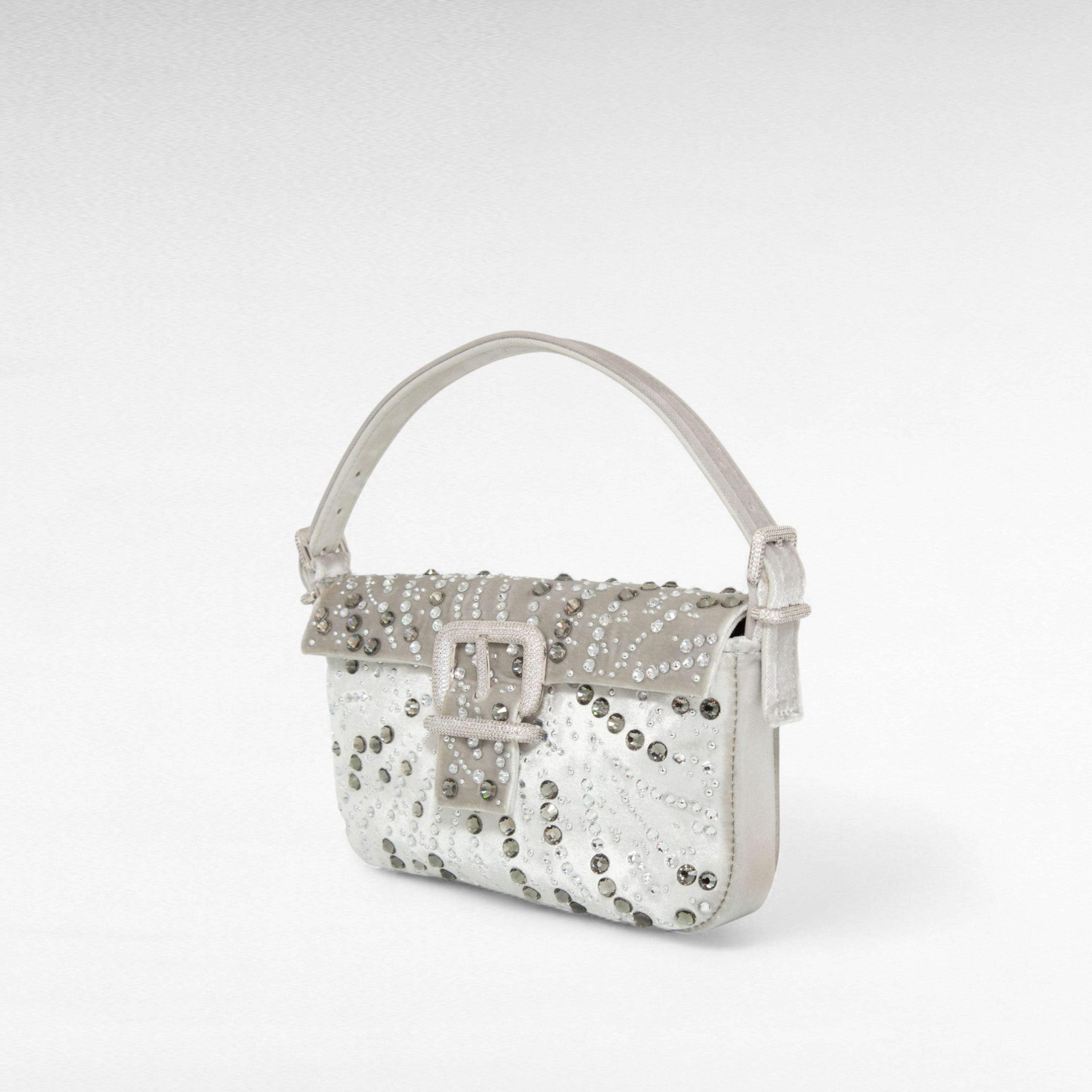 Silver velvet mini handbag with arabesque crystal design