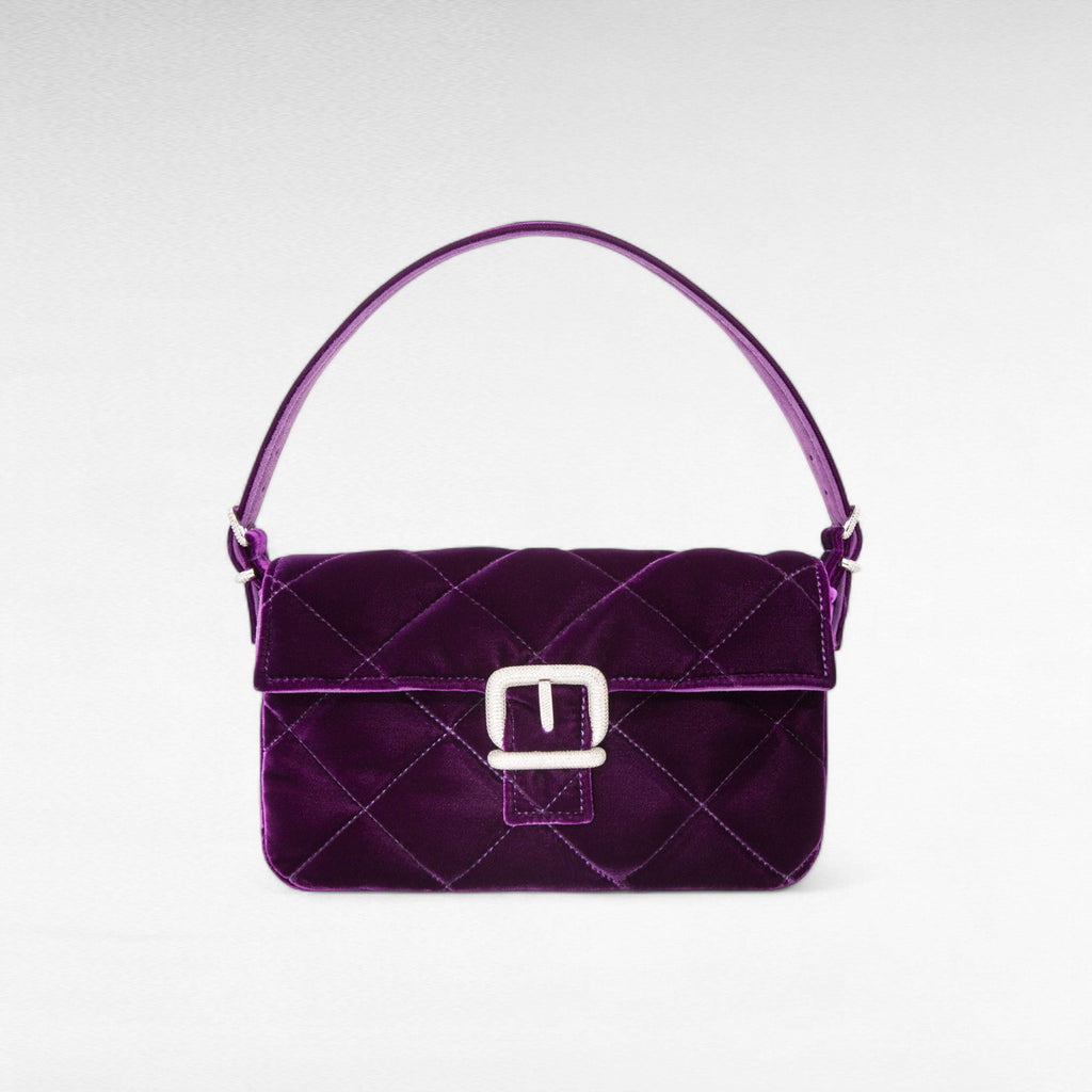 Purple quilted velvet small handbag with crystal buckle