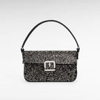 Black satin evening handbag with crystals and crystal buckle