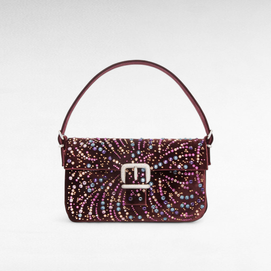 Burgundy velvet evening handbag with arabesque crystal design