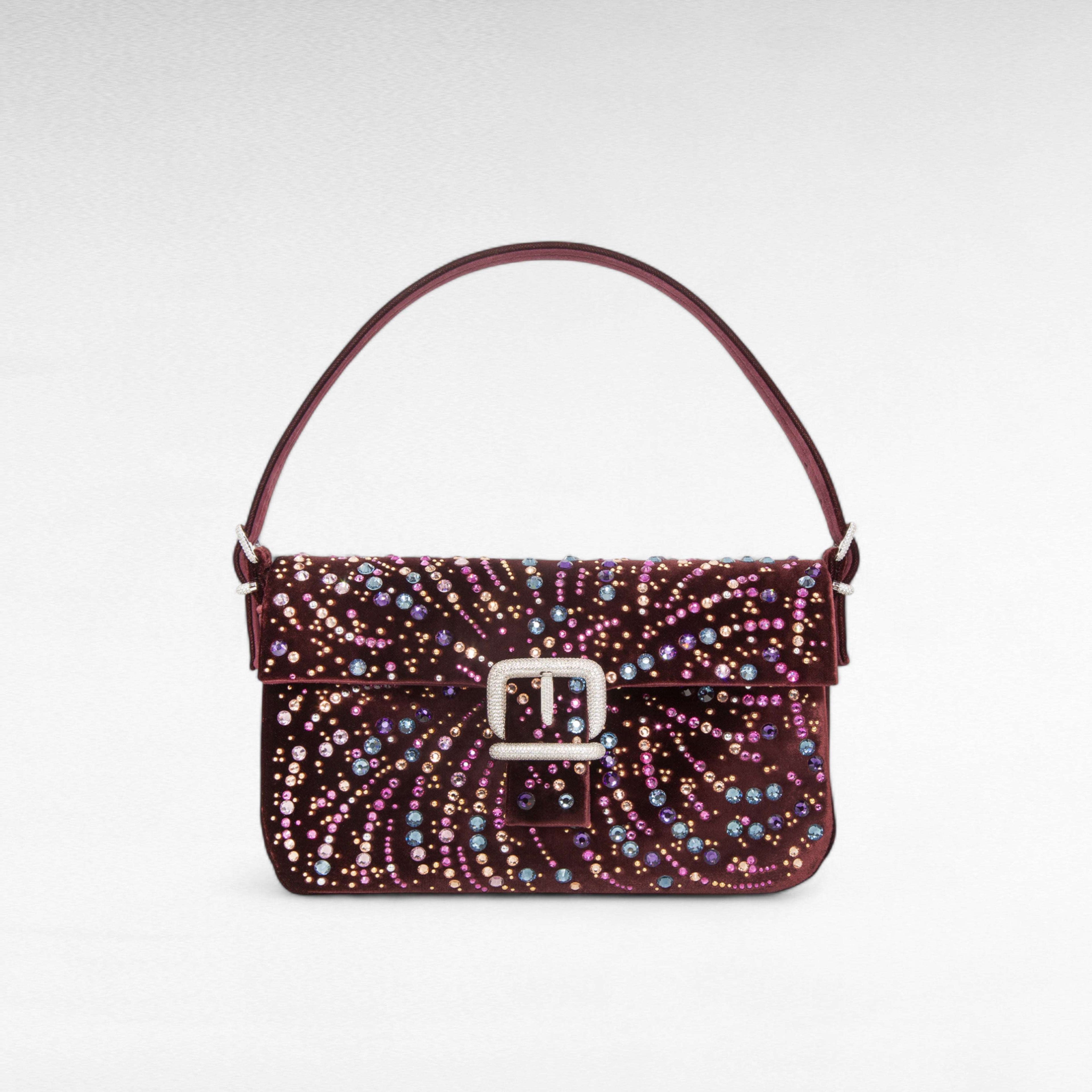 Burgundy velvet evening handbag with arabesque crystal design