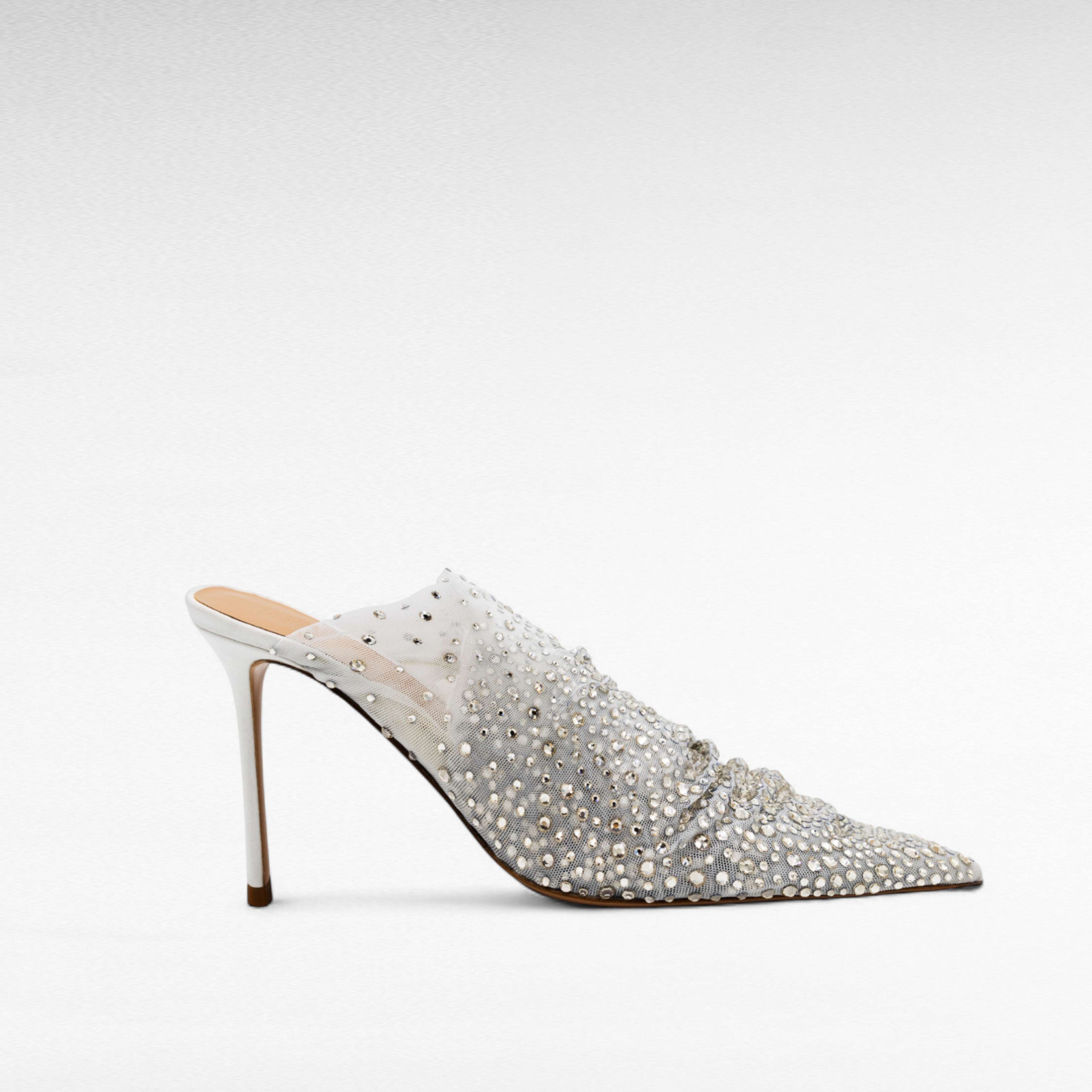 silver grey crystal pointed mule shoe heels