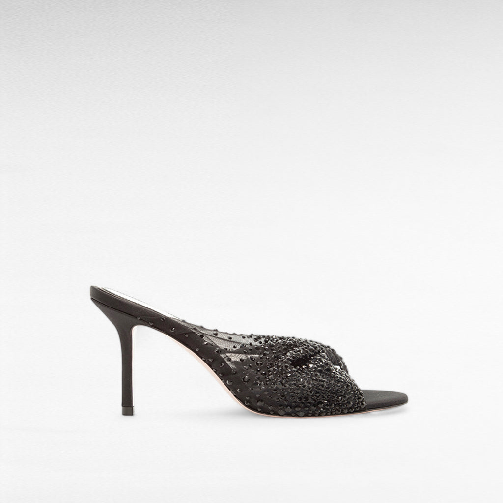 Black crystal mule evening shoe mid heels