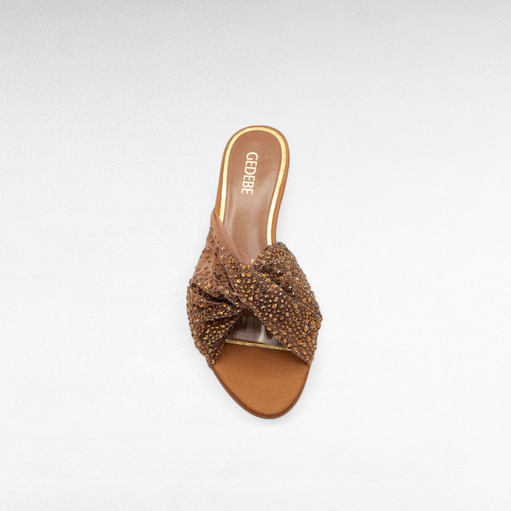 Flat brown crystal mule slip-on evening shoe