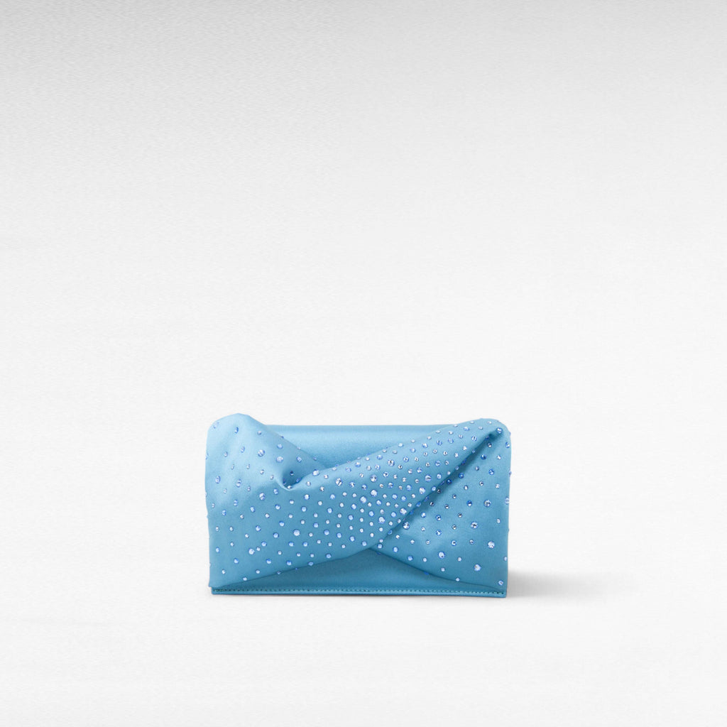 Blue hand-held clutch bag with crystal and front bow twist