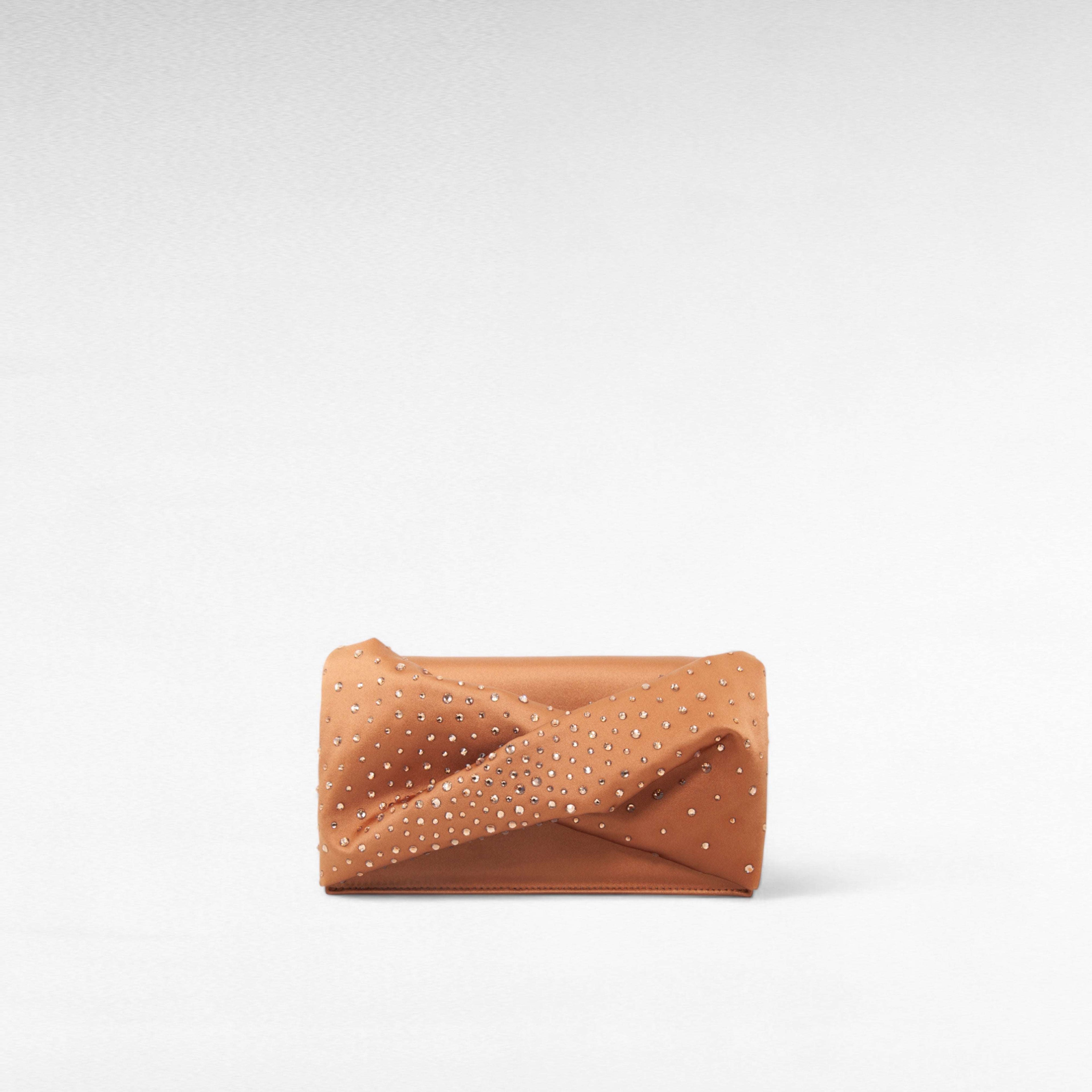 Brown hand-held clutch bag with crystal and front bow twist