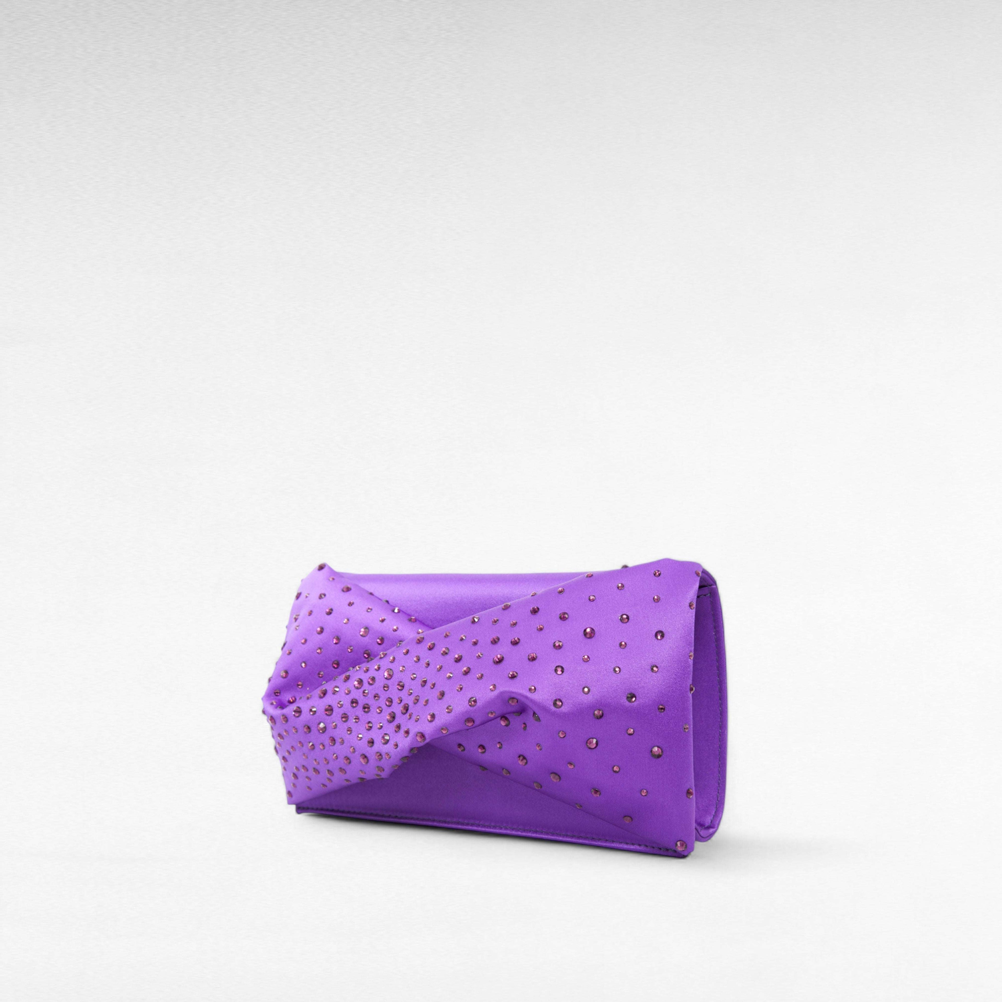 Purple violet hand-held clutch bag with crystal and front bow