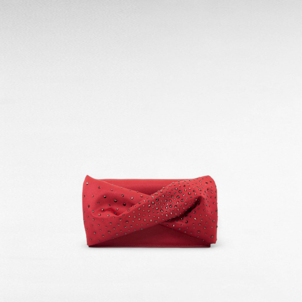 Blue hand-held clutch bag with crystal and front bow twist