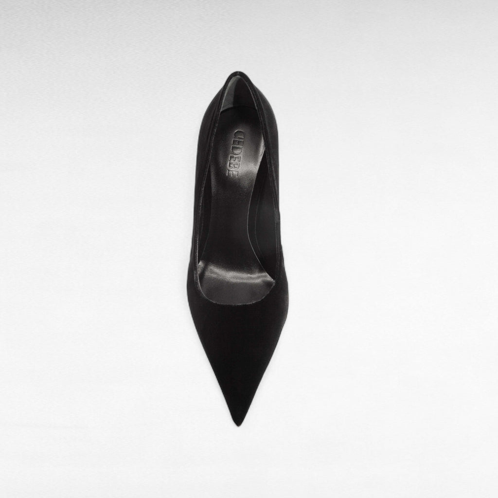 black velvet court shoe pump with sculptural heel