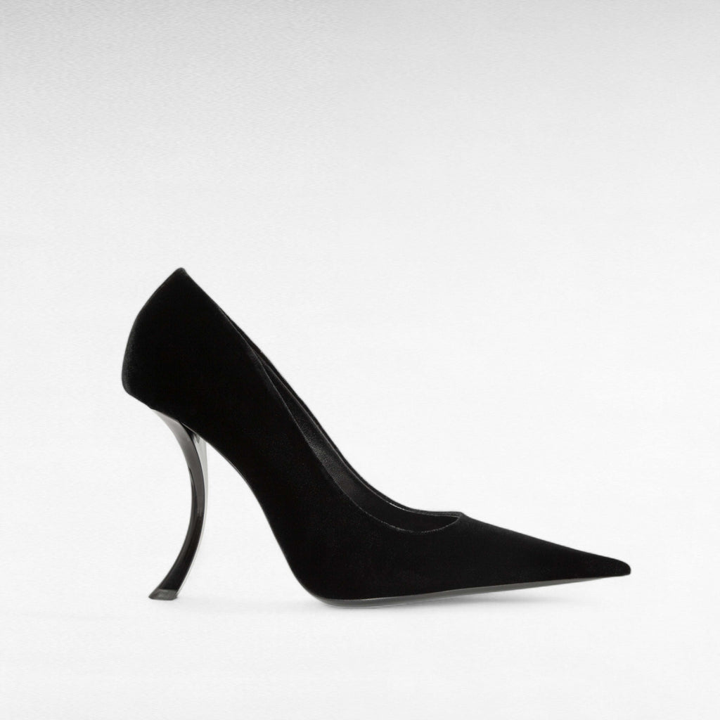 black velvet court shoe pump with sculptural heel side