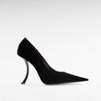 black velvet court shoe pump with sculptural heel side