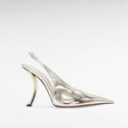 Silver mirror heeled pointed shoe sculptural