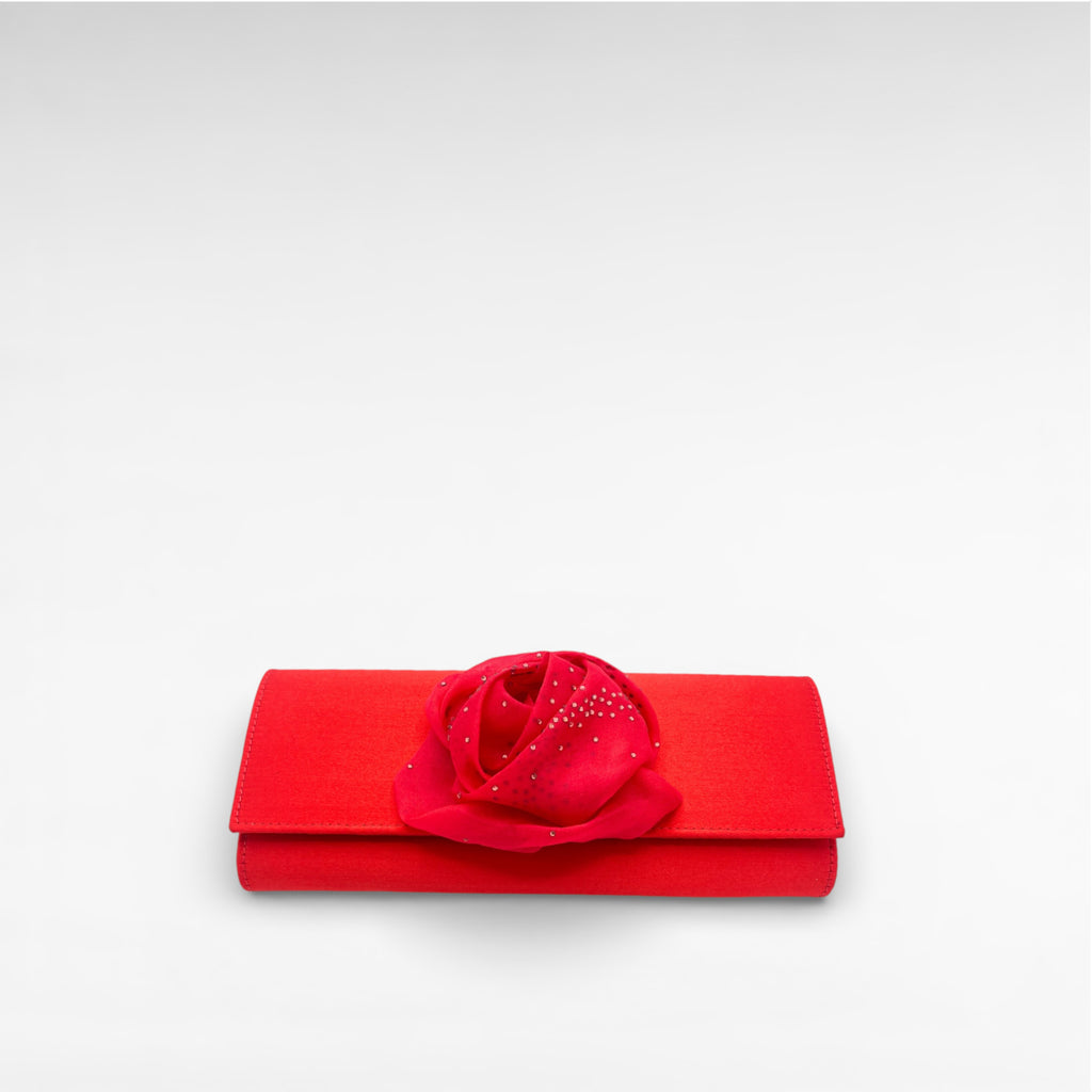 Red satin clutch with flower front
