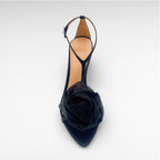 Black satin and flower sandal high heel