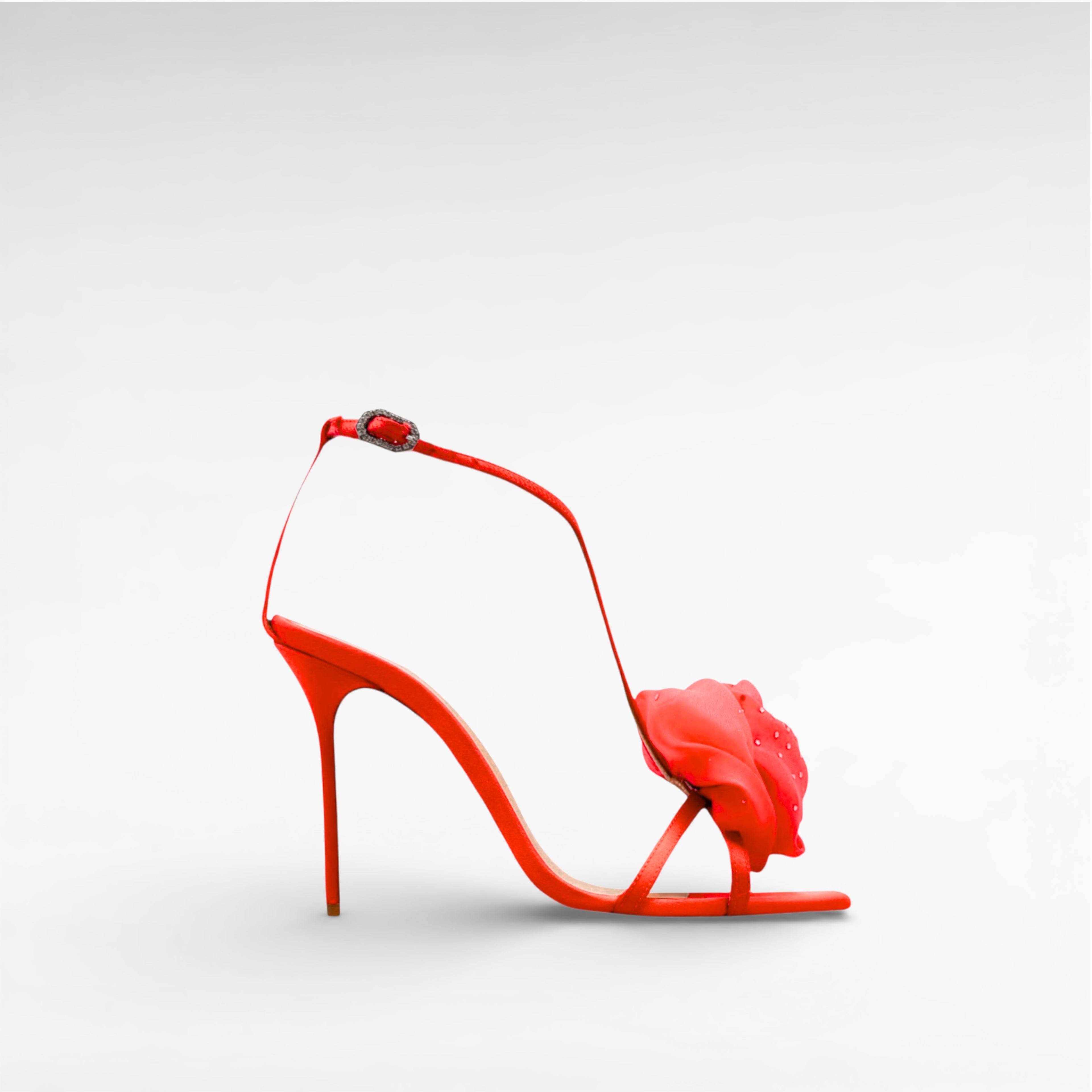 red satin sandal with organza crystal flower high heel