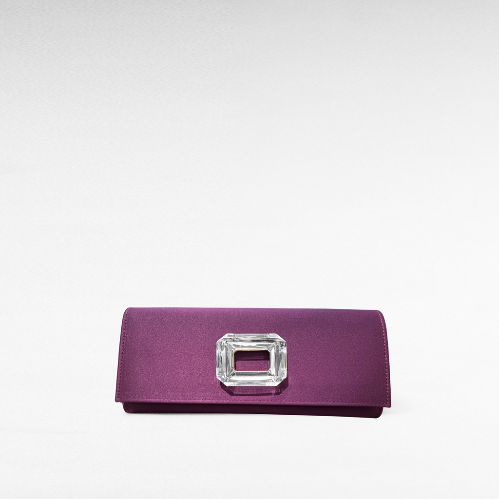 Purple mauve satin evening clutch bag with jewel closure