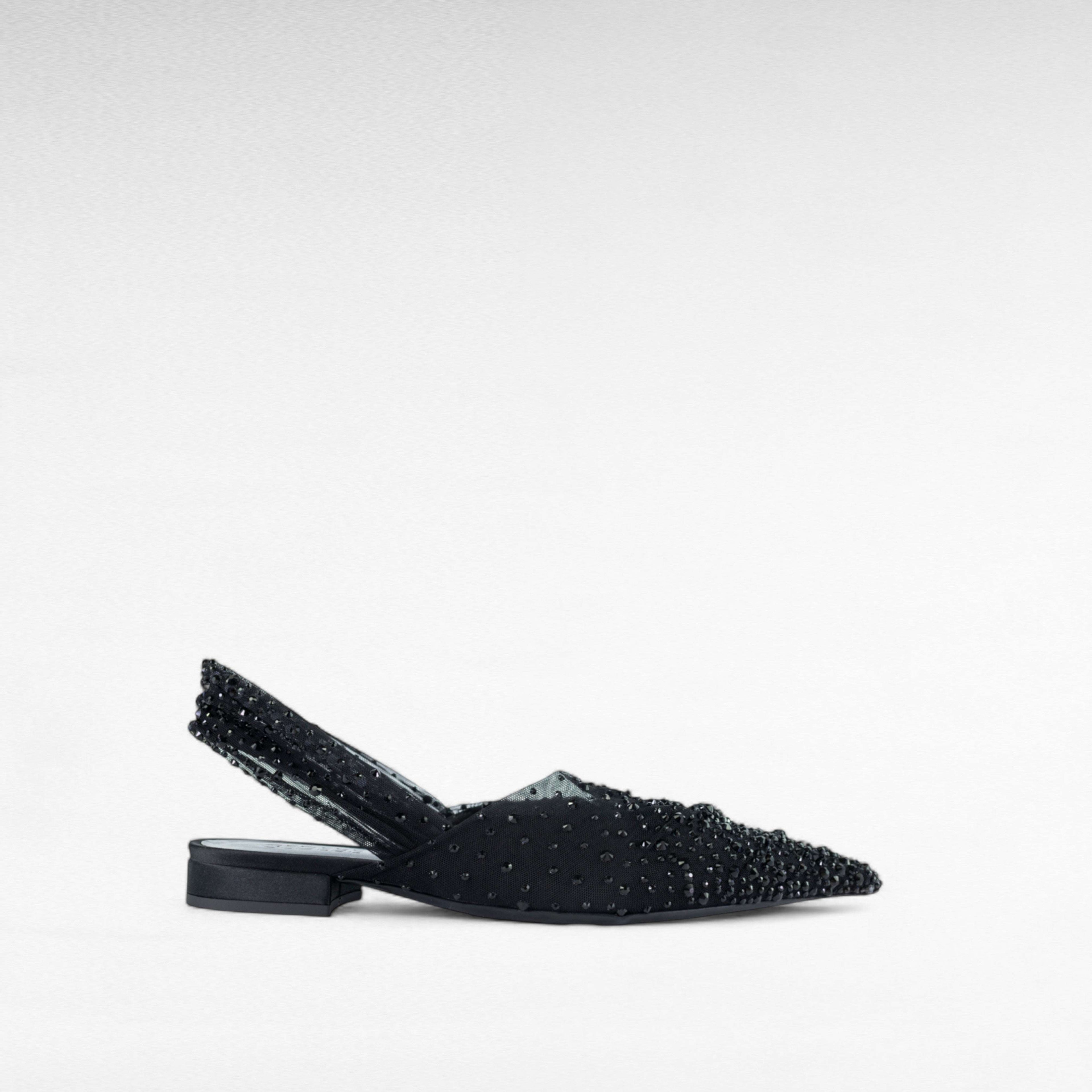 Flat black crystal slingback evening shoe, pointed toe