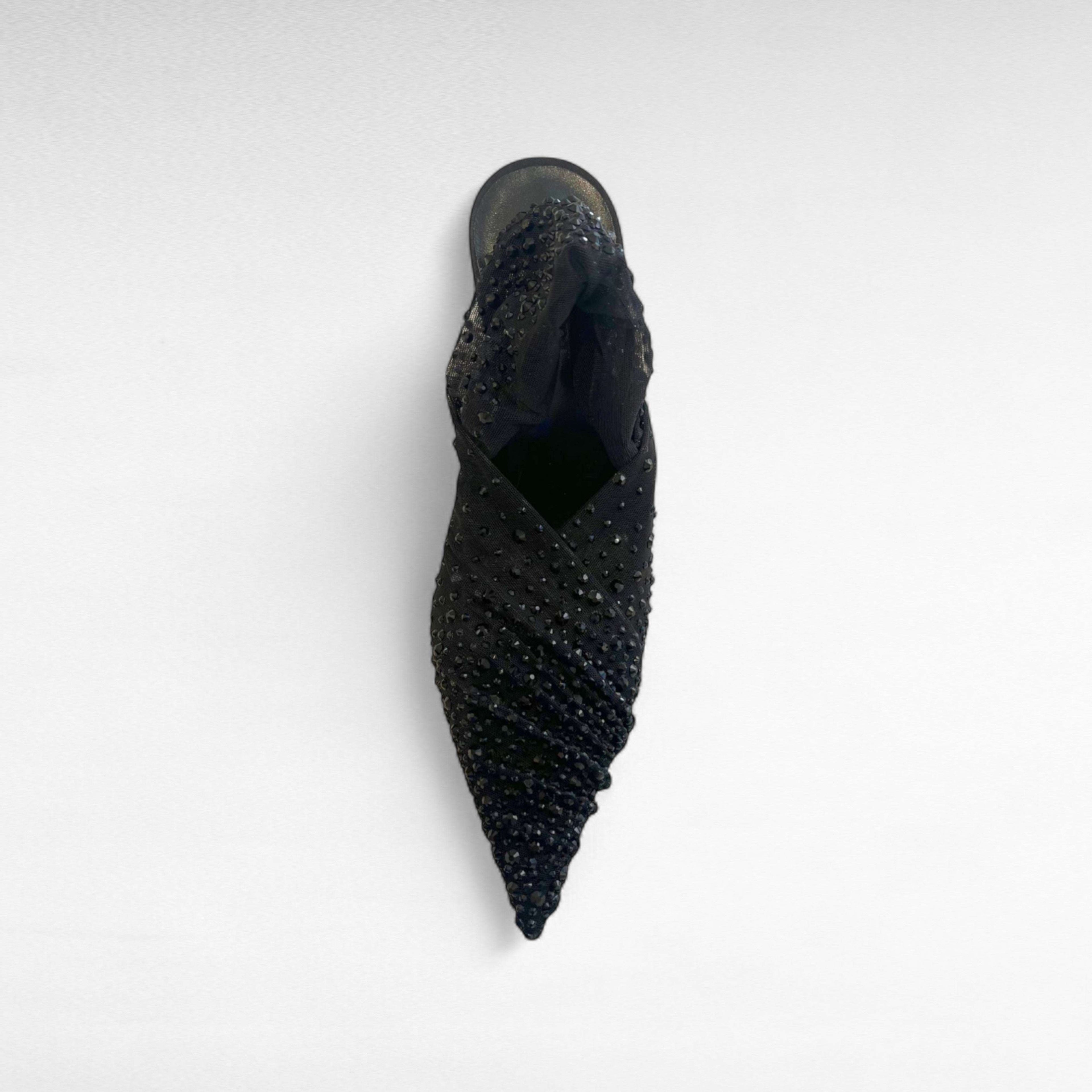 Flat black crystal slingback evening shoe, pointed toe