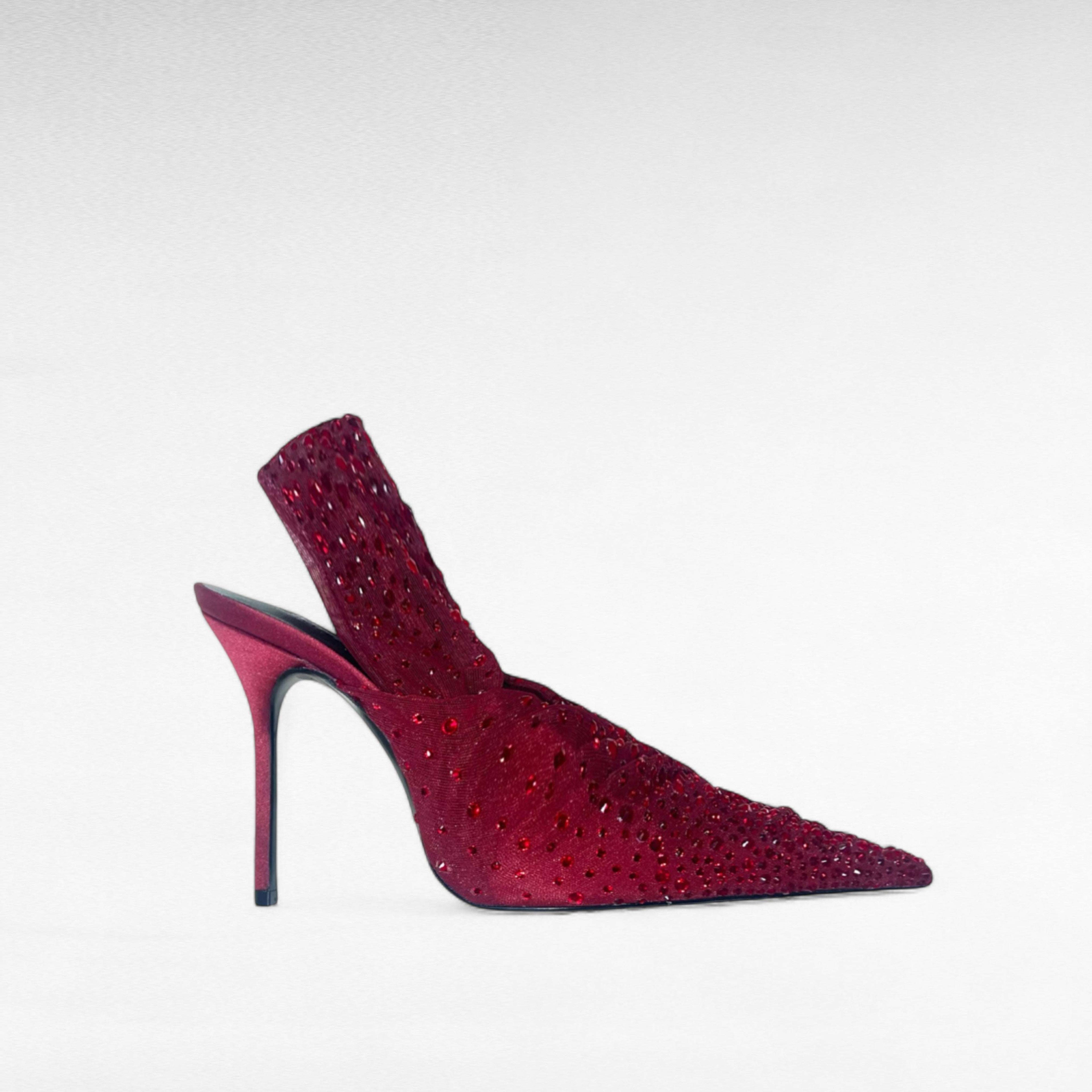 Burgundy red crystal slingback evening shoe, pointed toe high heel