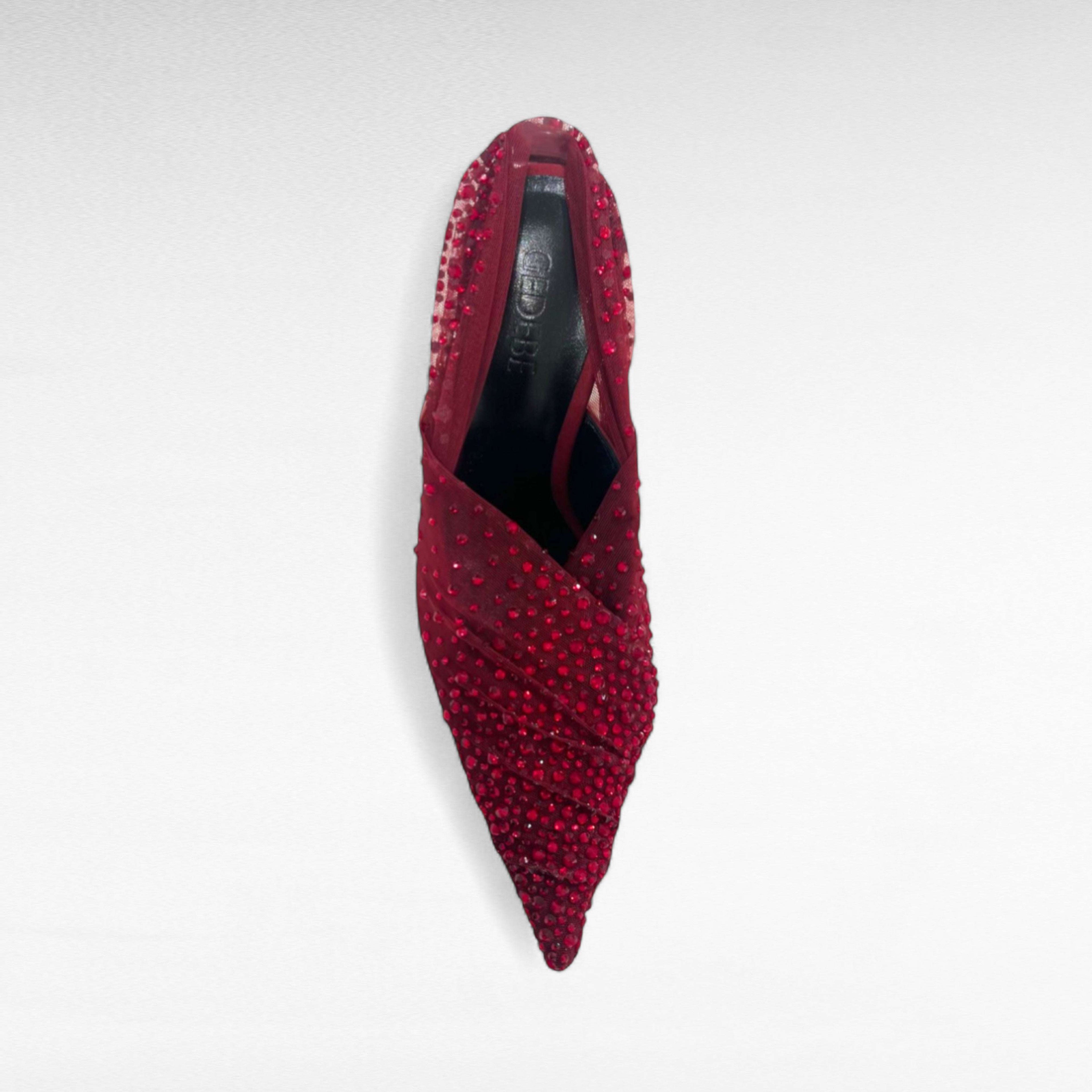 Burgundy red crystal slingback evening shoe, pointed toe high heel