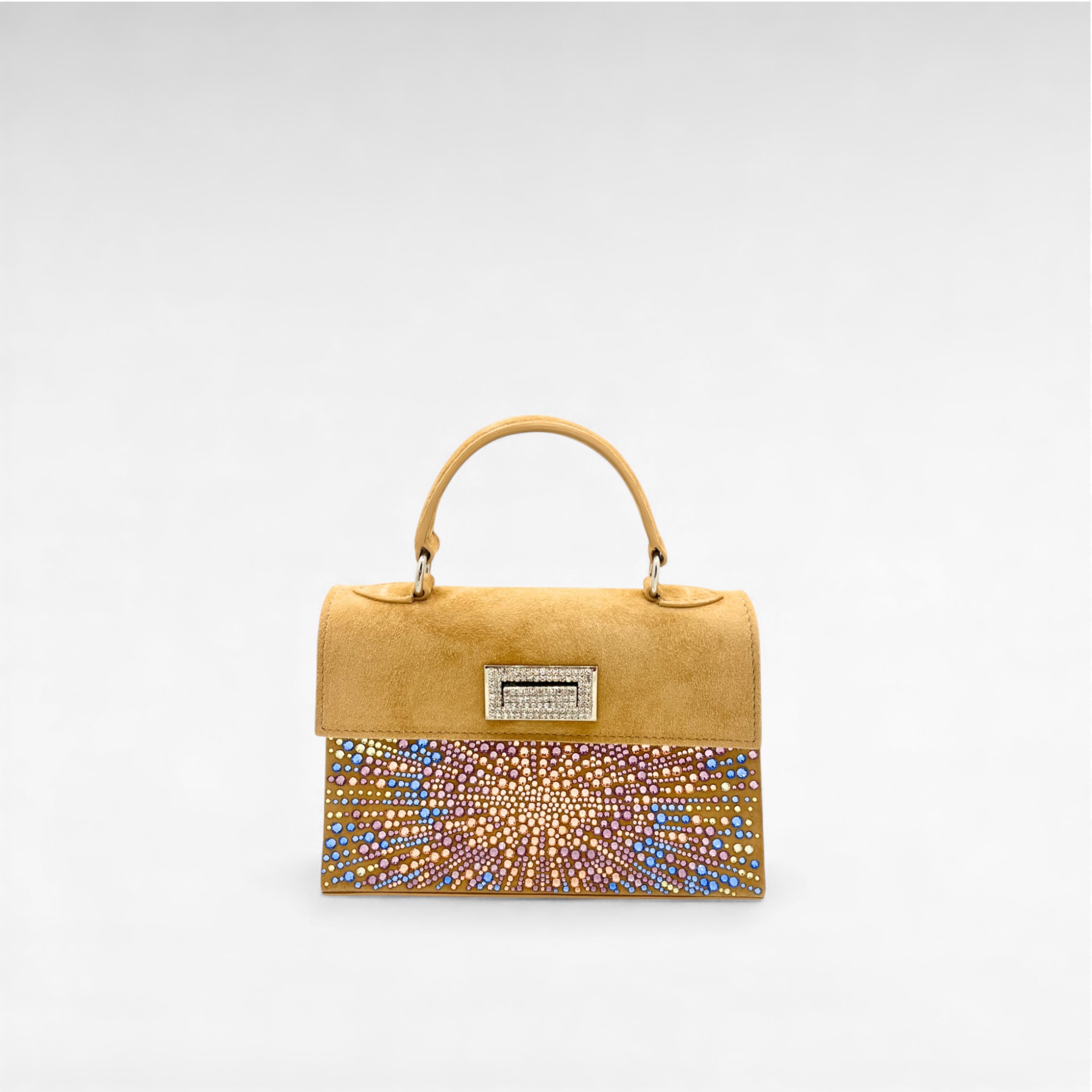 Camel suede crystal mini handbag
