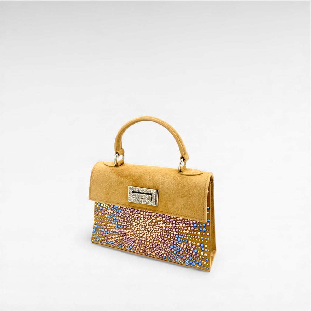 Camel suede crystal mini handbag