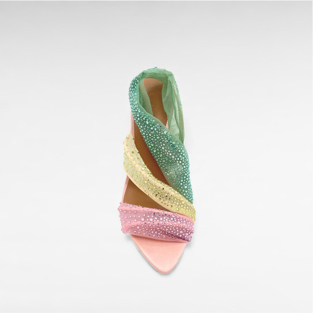 multicolour crystal sandal green pink yellow evening shoe