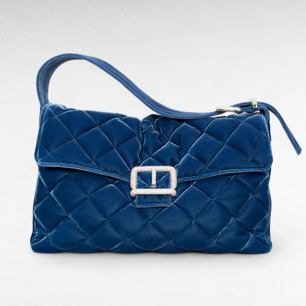 Blue oversize quilted velvet shoulder bag maxi bag with crystal buckle