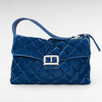Blue oversize quilted velvet shoulder bag maxi bag with crystal buckle