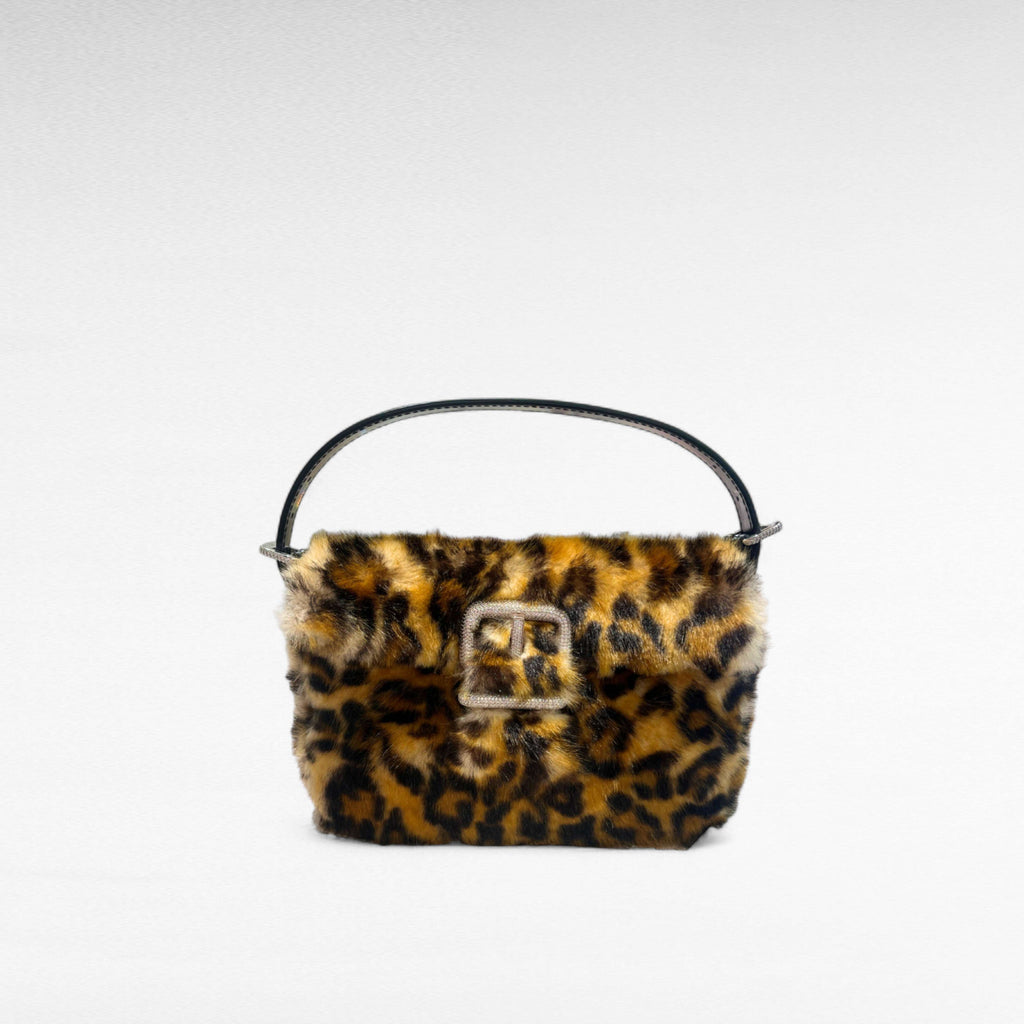 Leopard faux-fur mini handbag with crystal buckle and leather strap