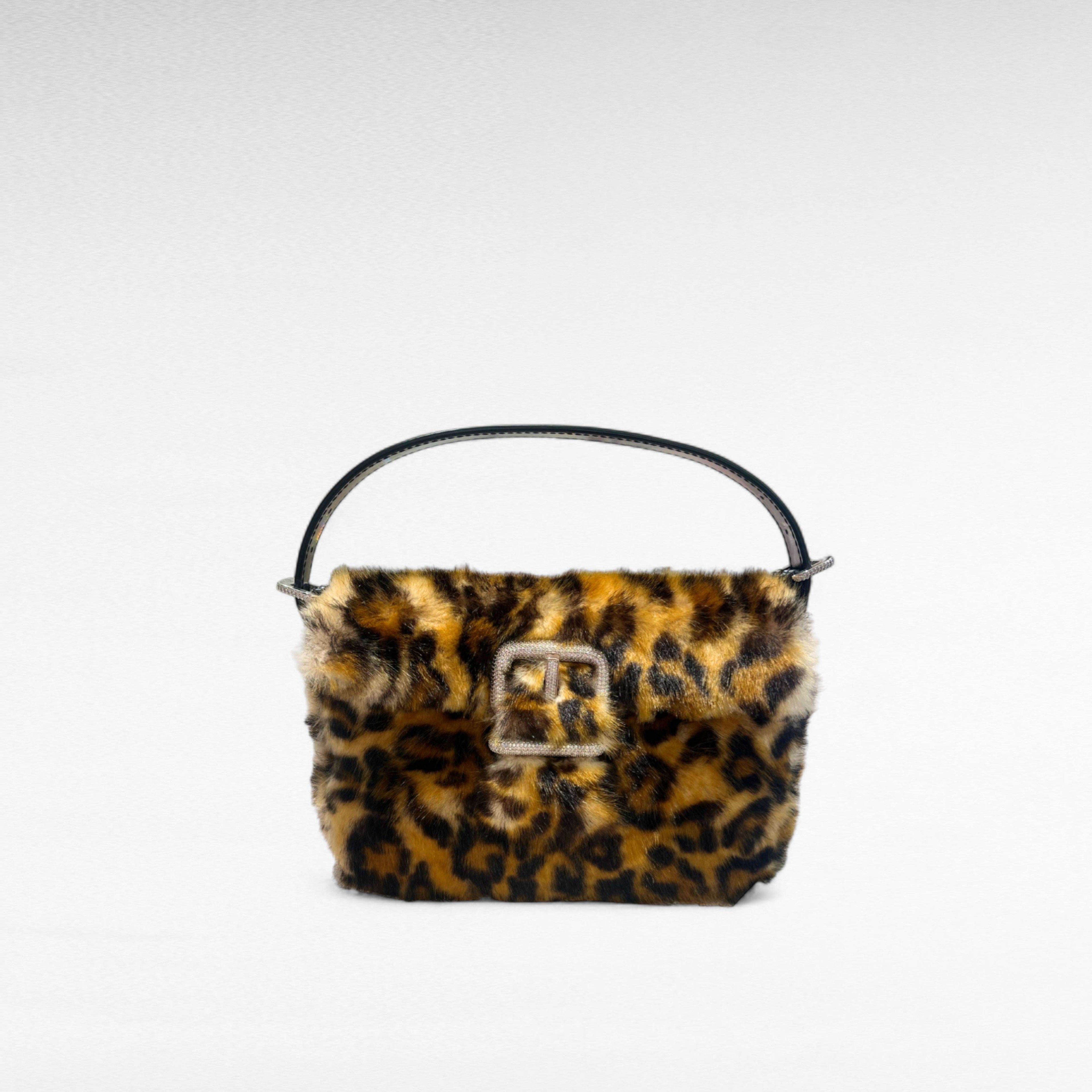 Leopard faux-fur mini handbag with crystal buckle and leather strap