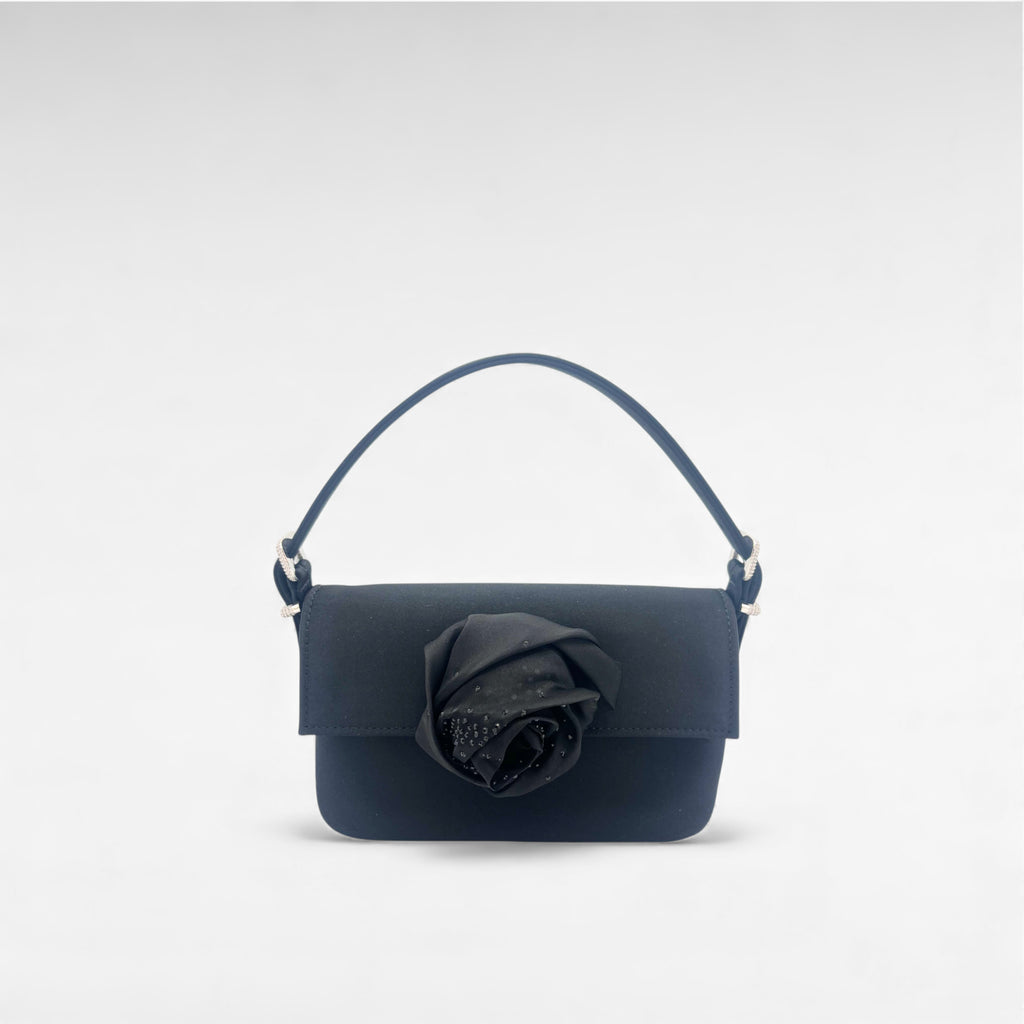 Black satin mini handbag with organza flower