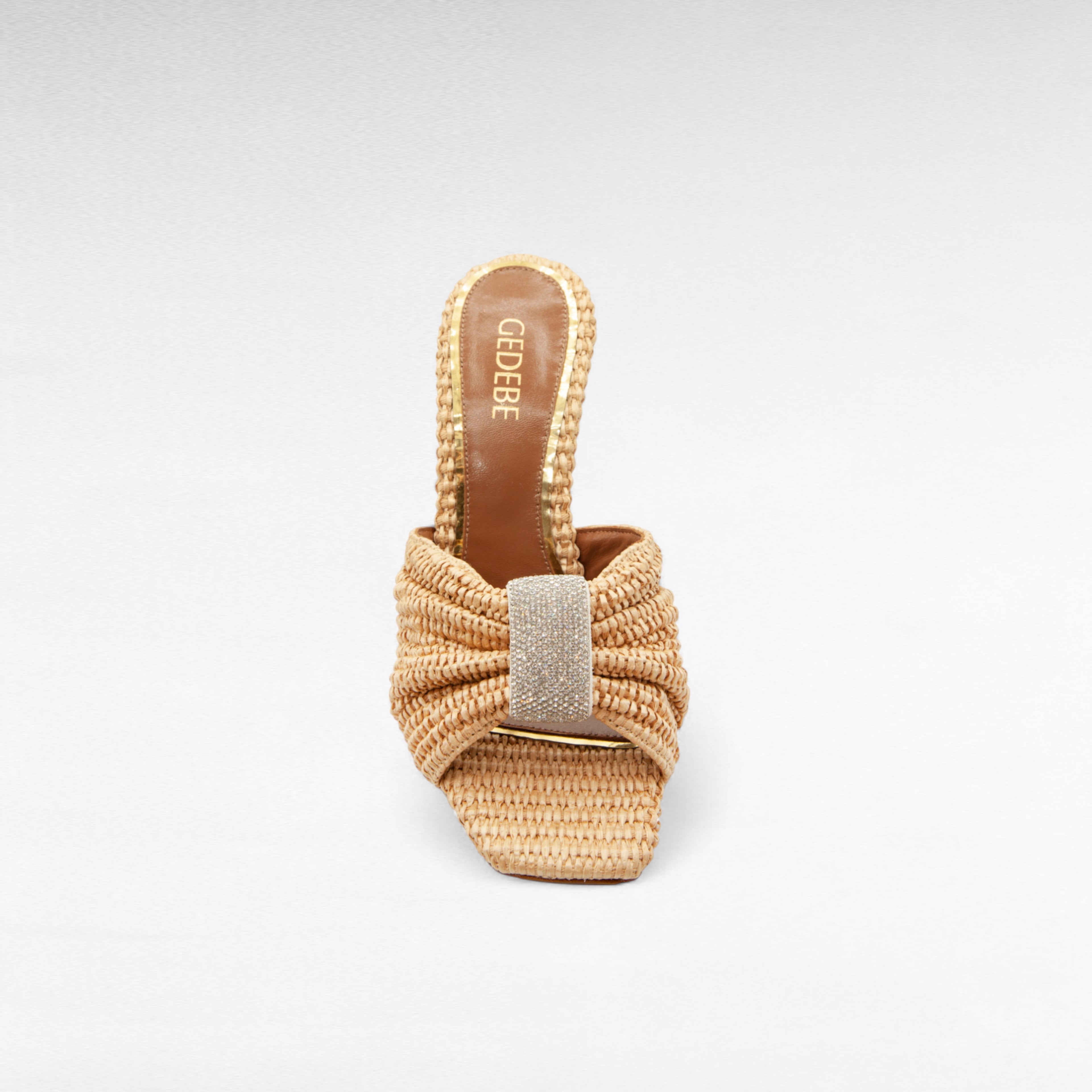 Raffia mule summer heels shoe crystal detail