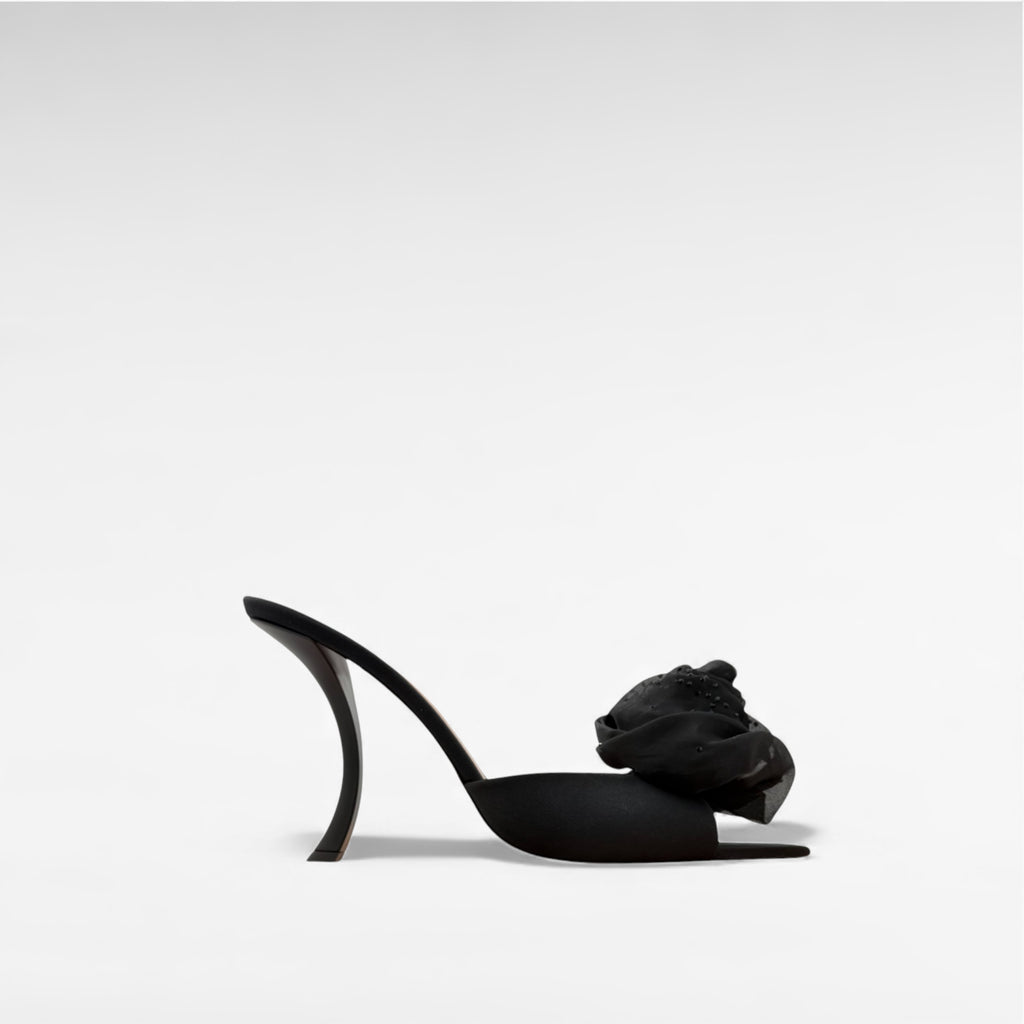 Black mule with organza flower and sculptural heel