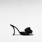Black mule with organza flower and sculptural heel