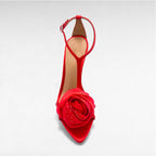red satin sandal with organza crystal flower